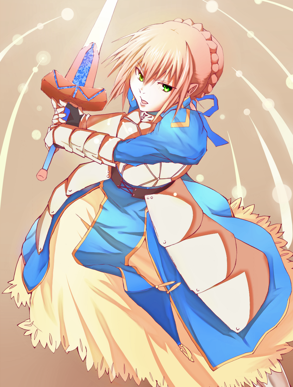 1girl, ahoge, armor, armored_dress, artoria_pendragon_(fate), blonde_hair, dress, excalibur_(fate/stay_night)