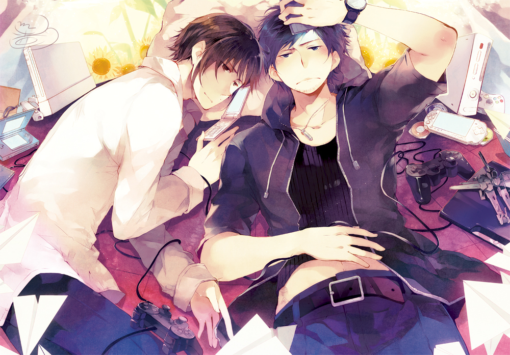 00s, 2boys, belt, blue_eyes, blue_hair, brown_eyes, brown_hair, cable