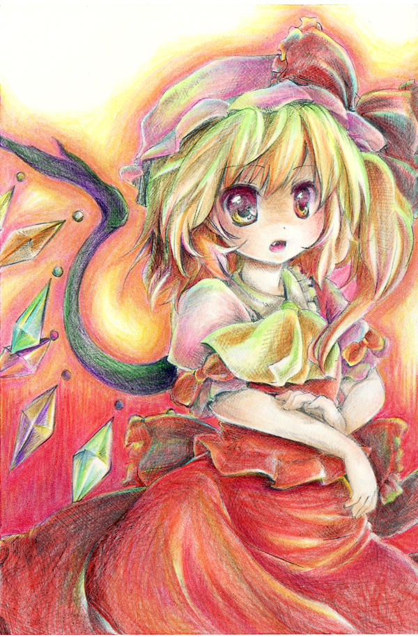 1girl, ascot, blonde_hair, colored_pencil_(medium), fang, female_focus, flandre_scarlet, hanabi_(karintou15)
