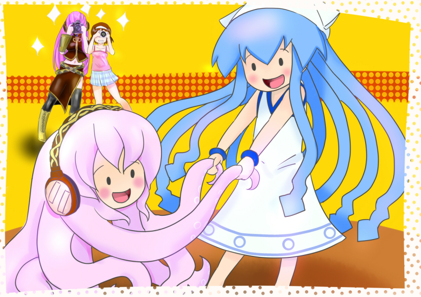 3girls, :d, blue_eyes, blue_hair, blush, boots, camera, crossover