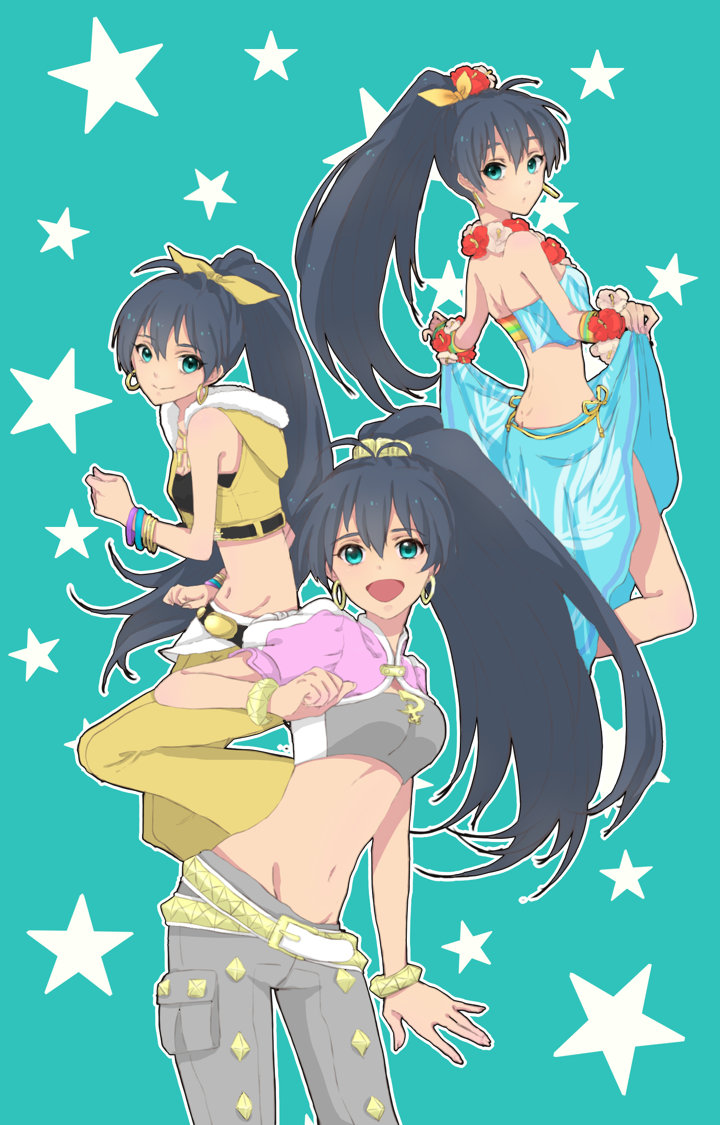 bad_id, bad_pixiv_id, belt, black_hair, blue_eyes, bracelet, earrings, ganaha_hibiki