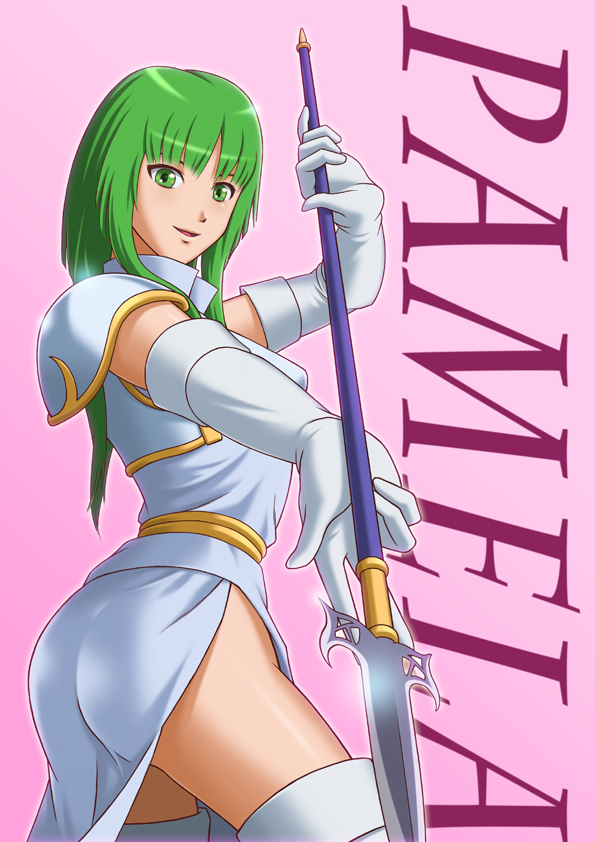 1girl, armor, ass, character_name, dress, elbow_gloves, female_focus, fire_emblem, fire_emblem:_genealogy_of_the_holy_war, gloves, green_eyes, green_hair, long_hair, matching_hair/eyes, nintendo, pamela_(fire_emblem), polearm, rakusai_(saisai_garou), rakutoki, short_dress, side_slit, smile, solo, spear, thighhighs, weapon