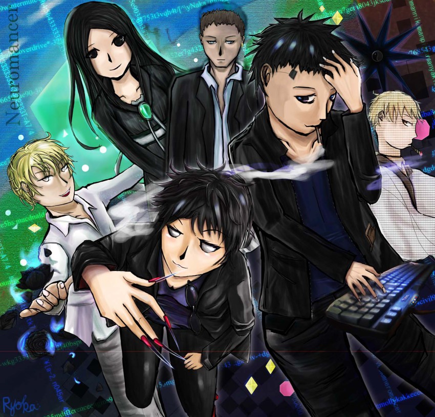 1980s_(style), 2girls, 4boys, ahoge, armitage, bad_id, bad_pixiv_id, black_eyes