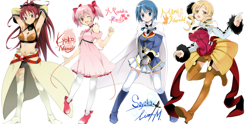 4girls, ;d, armpits, arms_up, bad_id, bad_pixiv_id, bike_shorts, blonde_hair, blue_eyes, blue_footwear, blue_hair, boots, breasts, brown_footwear, cape, character_name, choker, cosplay, dress, drill_hair, full_body, fur_trim, harold_berselius, harold_berselius_(cosplay), highres, kaname_madoka, knee_boots, large_breasts, leon_magnus, leon_magnus_(cosplay), long_hair, mahou_shoujo_madoka_magica, mahou_shoujo_madoka_magica_(anime), merii, midriff, miki_sayaka, miki_sayaka_(magical_girl), multiple_girls, nanaly_fletch, nanaly_fletch_(cosplay), navel, one_eye_closed, open_mouth, pink_dress, pink_hair, reala_(cosplay), reala_(tales), red_eyes, red_hair, sakura_kyoko, shoes, short_hair, short_twintails, skirt, smile, sword, tales_of_(series), tales_of_destiny, tales_of_destiny_2, thigh_boots, thighhighs, thighhighs_under_boots, tomoe_mami, twin_drills, twintails, waist_cape, weapon, weapon_connection, white_background, white_footwear, white_legwear, wink, yellow_eyes, yellow_legwear