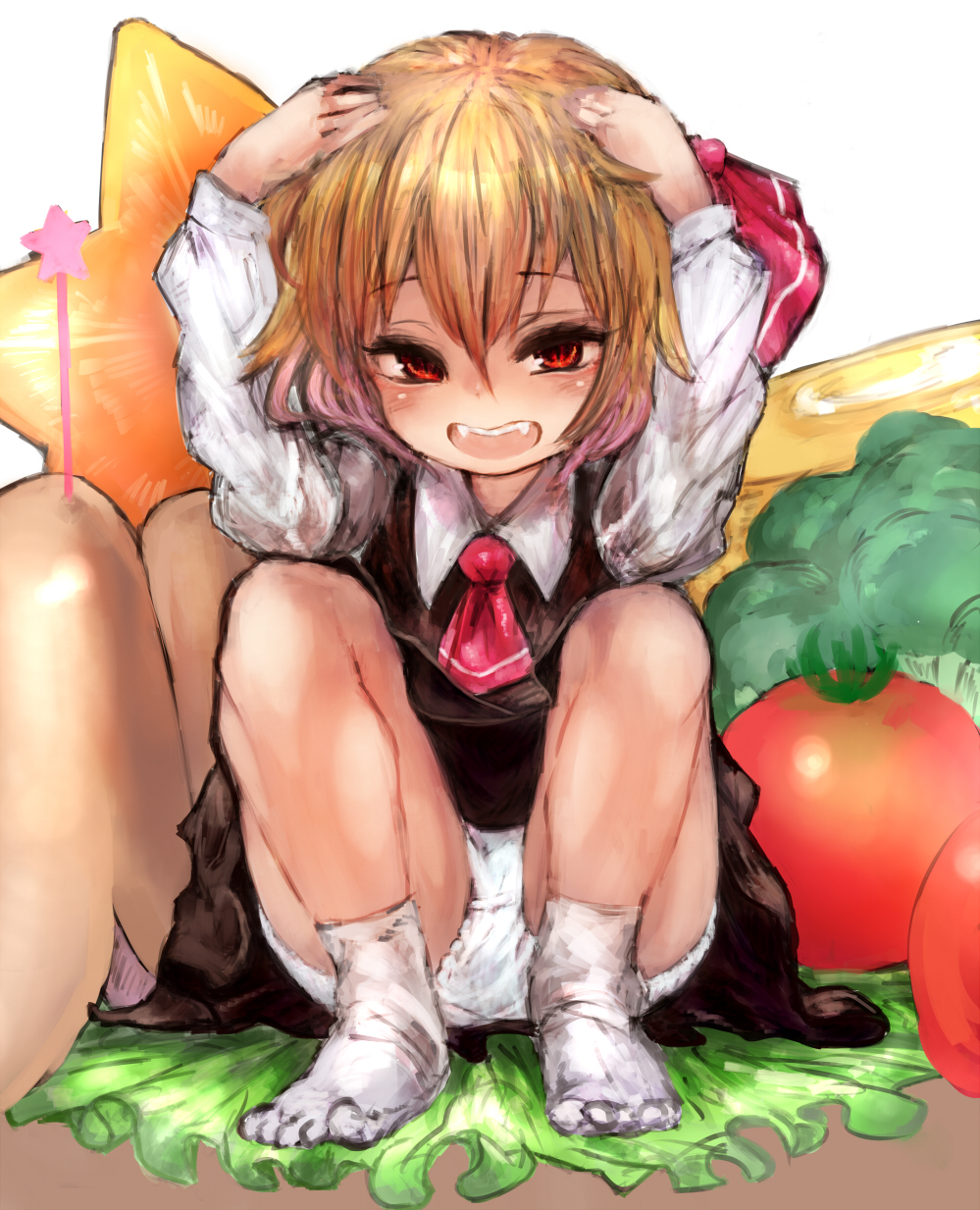 1girl, blonde_hair, child, fangs, female_focus, gobou, gobou_(gbu), hair_ribbon