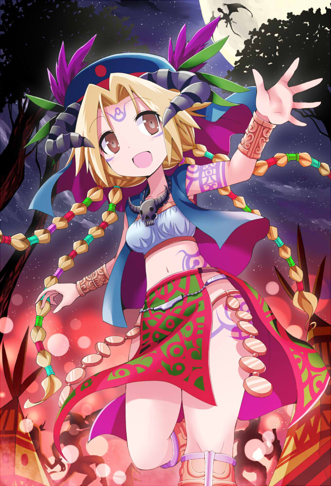 1girl, :d, blonde_hair, brown_eyes, collarbone, dancing, demon, demon_horns