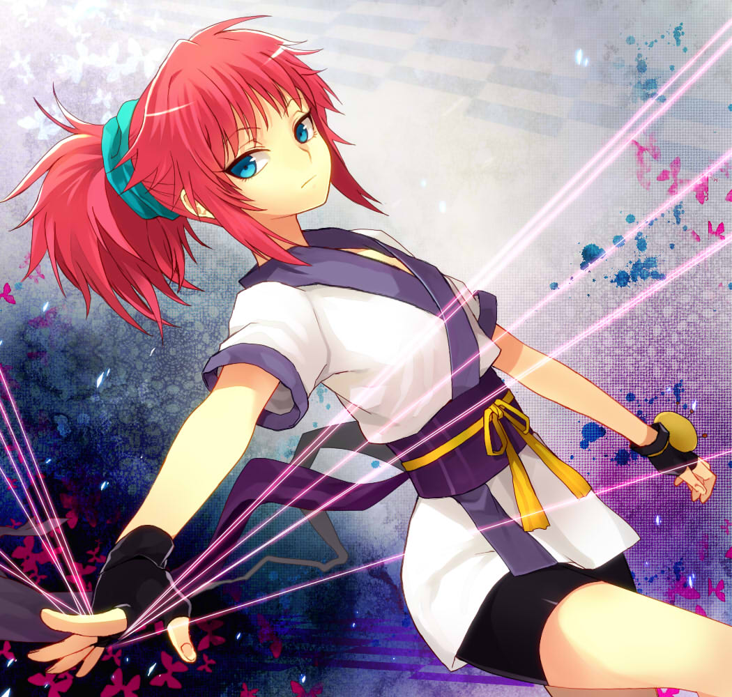 1girl, bike_shorts, blue_eyes, female_focus, fingerless_gloves, gloves, gradient_background, hunter_x_hunter, machi_komacine, pink_hair, sanae_(satansanae), solo, string