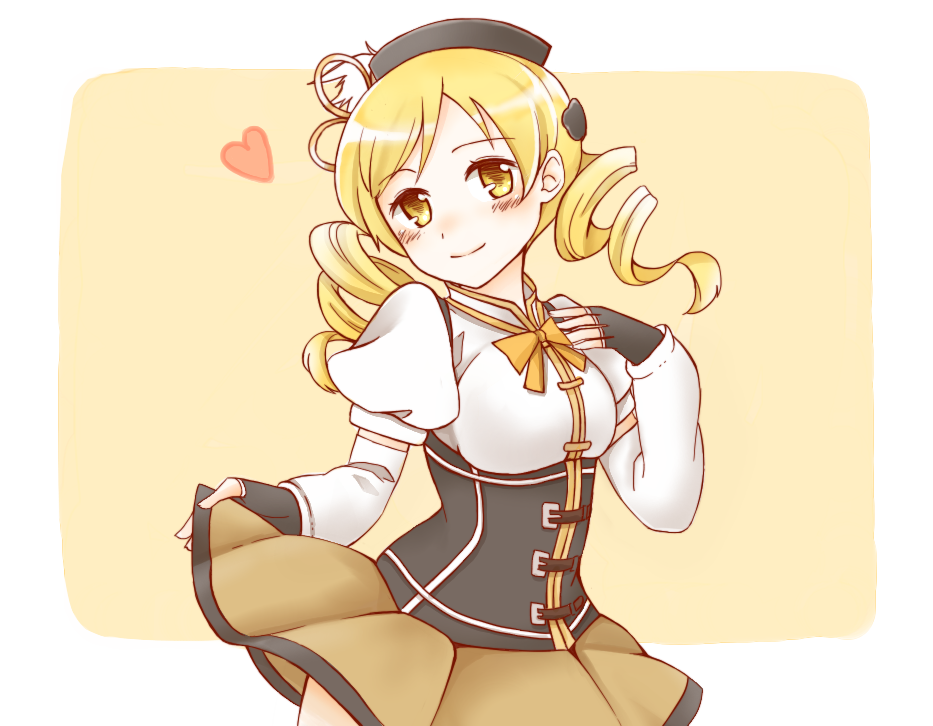 10s, 1girl, bad_id, bad_pixiv_id, blonde_hair, drill_hair, female_focus, gloves, hair_ornament, hat, long_hair, mahou_shoujo_madoka_magica, mahou_shoujo_madoka_magica_(anime), necota116, skirt, smile, solo, tomoe_mami, tomoe_mami_(magical_girl), twin_drills, twintails, yellow_eyes