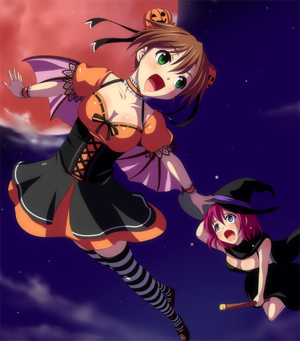 2girls, bat_wings, blue_eyes, blush, breasts, broom, broom_riding, brown_hair
