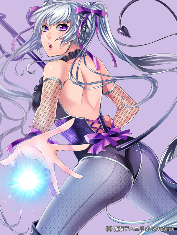 1girl, ass, bad_id, bad_pixiv_id, bare_shoulders, copyright_name, demon_tail, female_focus, hair_ribbon, junketsu_duelion, lips, lobelia_draincherry, long_hair, looking_back, matsurika_youko, official_art, original, pantyhose, purple_eyes, ribbon, silver_hair, solo, staff, tail, twintails