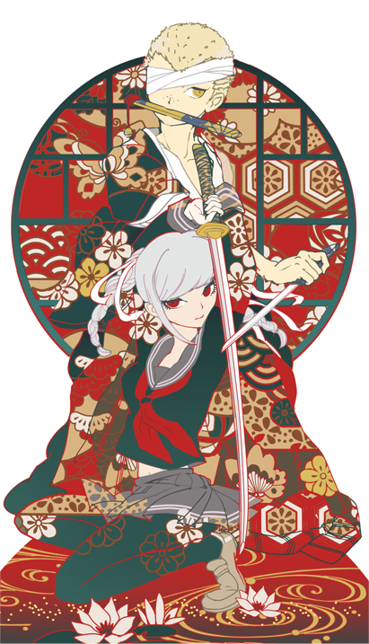 10s, 1boy, 1girl, bad_id, bad_pixiv_id, bandages, black_pantyhose, blonde_hair