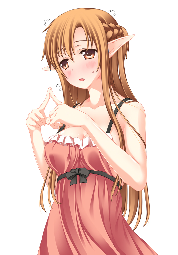 10s, 1girl, :o, asuna_(sao), bare_shoulders, blush, brown_eyes, brown_hair