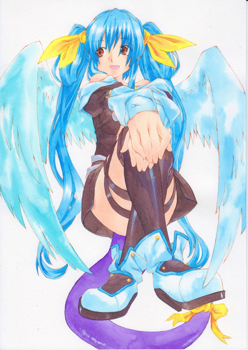 1girl, absurdres, arc_system_works, bare_shoulders, blue_hair, bow, breasts, dizzy_(guilty_gear)