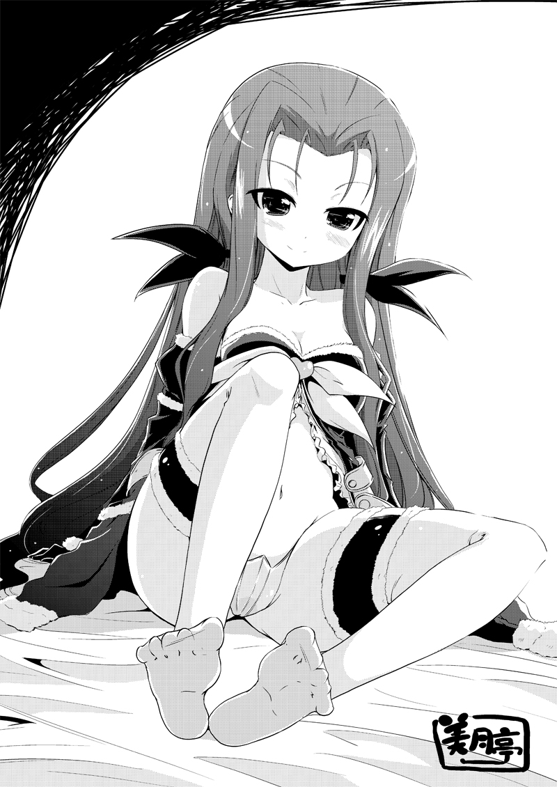 10s, 1girl, bare_shoulders, blush, feet, female_focus, gloves, greyscale