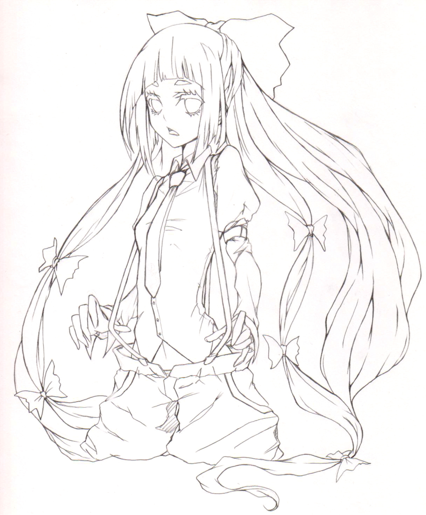 1girl, bow, female_focus, fujiwara_no_mokou, hair_bow, highres, lineart, long_hair
