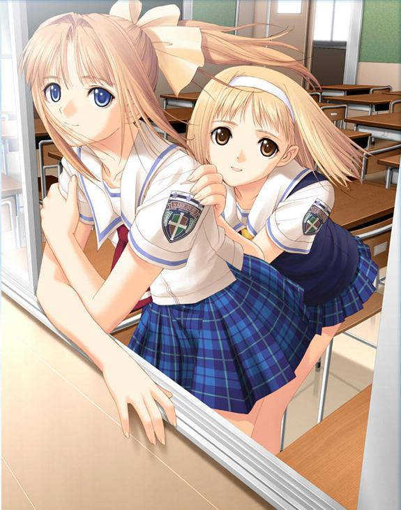 00s, 2girls, after_(game), after_sweet_kiss, blonde_hair, blue_eyes, bow, brown_eyes, brown_hair, classroom, hair_bow, hairband, headband, hug, indoors, leaning_forward, multiple_girls, plaid_clothes, plaid_skirt, ponytail, school, school_uniform, serafuku, shiomiya_kanami, short_hair, skirt, smile, takawashi_nagisa, tony_taka, wind, window