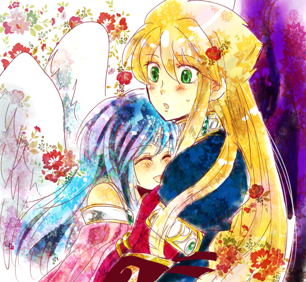 2girls, angel_wings, armlet, bad_id, bad_pixiv_id, black_wings, blonde_hair, blue_hair, blush, breath_of_fire, breath_of_fire_ii, bridal_gauntlets, choker, feathers, flower, gem, green_eyes, jewelry, kotoichi, long_hair, mina_(breath_of_fire), multiple_girls, nina_(breath_of_fire_ii), open_mouth, siblings, sisters, white_wings, wings