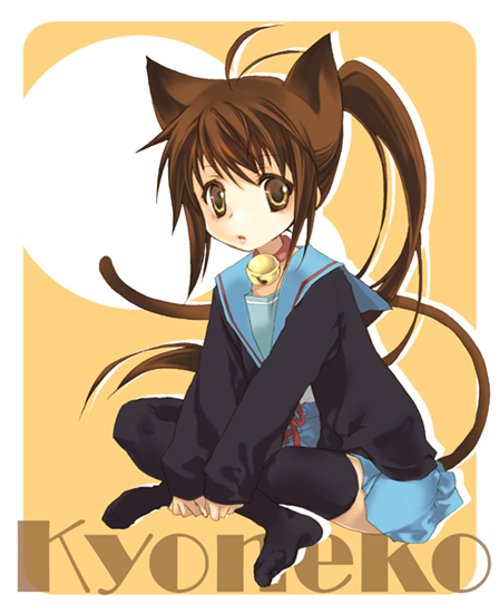 00s, 1girl, animal_ears, bell, brown_eyes, brown_hair, cardigan, cat_ears