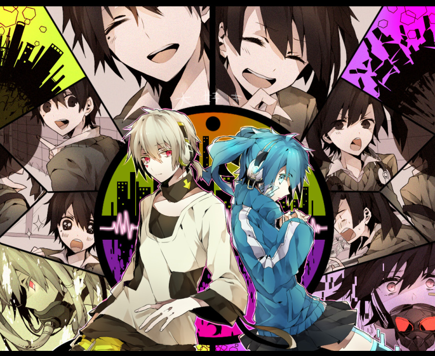 1boy, 1girl, aqua_eyes, aqua_hair, black_hair, closed_eyes, ene_(kagerou_project), ene_no_dennou_kikou_(vocaloid)