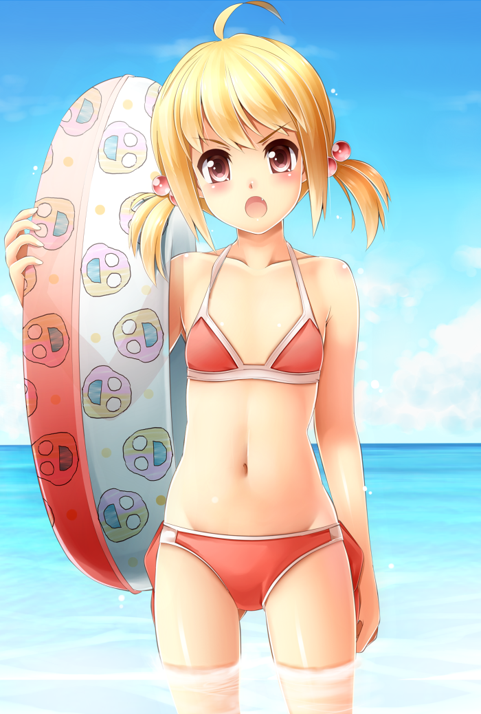 1girl, ahoge, bad_id, bad_pixiv_id, beach, bikini, blonde_hair, blush