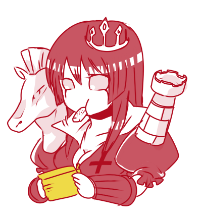 1girl, aki_corporation, board_game, breasts, character_request, chess, cleavage, cross, crown, eating, female_focus, food, gender_request, genderswap, handa_(sion621), kinnikuman, long_hair, lowres, puffy_short_sleeves, puffy_sleeves, short_sleeves, simple_background, solo, spot_color, tagme, tiara, ultimate_muscle, white_background