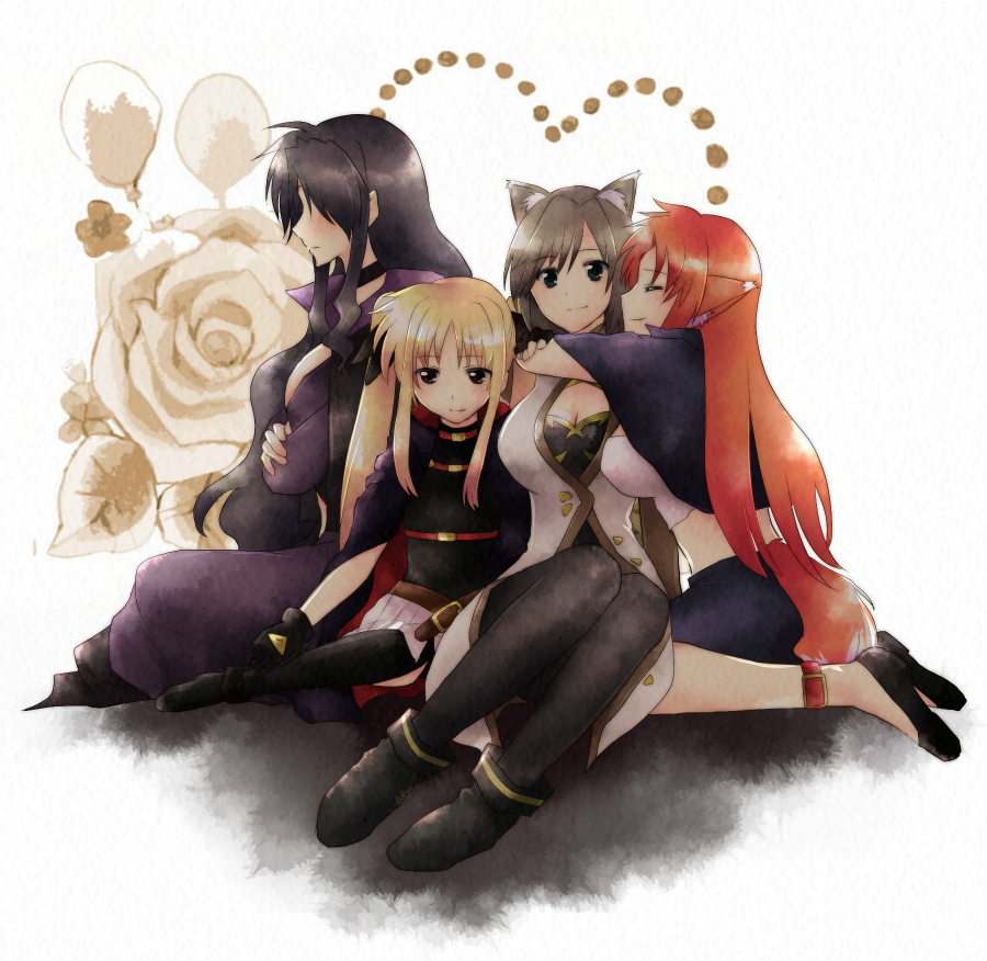 4girls, animal_ears, arf, bad_id, bad_pixiv_id, balloon, belt, black_hair