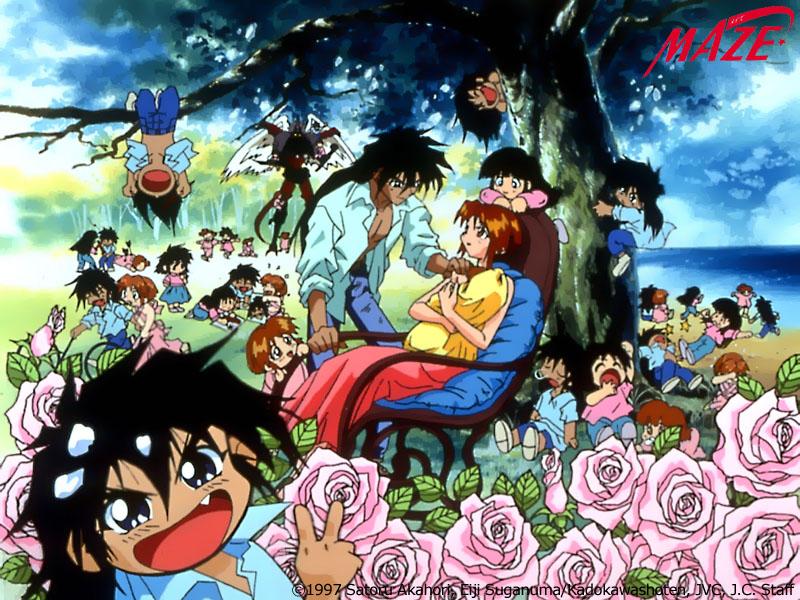 1990s_(style), akira_ikaruga, beach, chair, day, dulgar, flower, forest, ikaruga_akira, maze_bakunetsu_jikuu, maze_the_megaburst_space, mecha, mill_varna, multiple_boys, multiple_girls, nature, nose_bubble, princess_mill_varna, retro_artstyle, robot, rocking_chair, rose, siblings, tree, twins