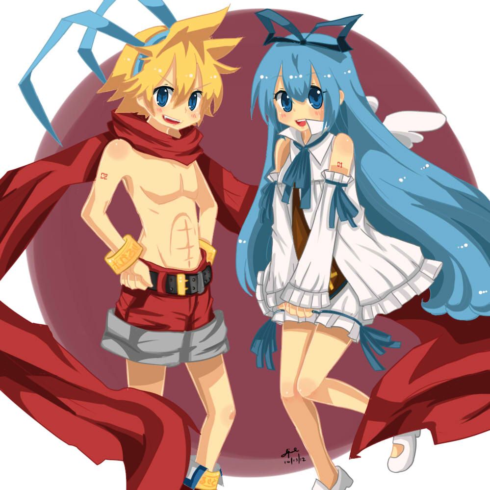 10s, 1boy, 1girl, 2012, april_(aprilmayu), aqua_hair, blonde_hair, bloomers