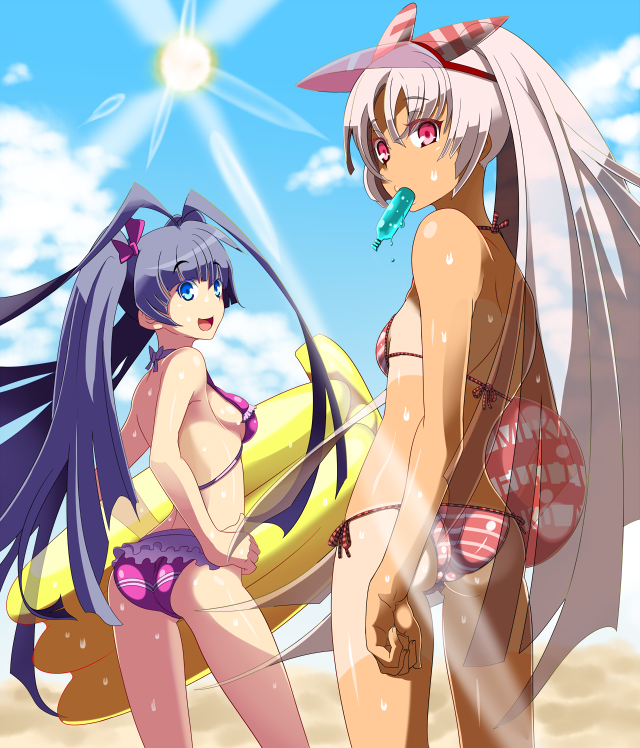 2girls, alternate_costume, alternate_hairstyle, antenna_hair, ass, ball, bikini, bikini_top_only