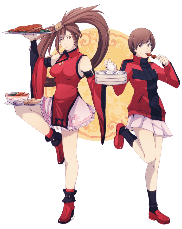 2girls, alternate_color, arc_system_works, atlus, balancing, bamboo_steamer, steamed_bun, bowl, breasts, brown_eyes, brown_hair, company_connection, crossover, detached_sleeves, dumpling, eating, eggroll, food, guilty_gear, hanpetos, jacket, kuradoberi_jam, long_hair, meat, multiple_girls, one_eye_closed, persona, persona_4, persona_4:_the_ultimate_in_mayonaka_arena, pleated_skirt, satonaka_chie, shin_megami_tensei, short_hair, skewer, skirt, smile, standing, standing_on_one_leg, track_jacket, tray, very_long_hair