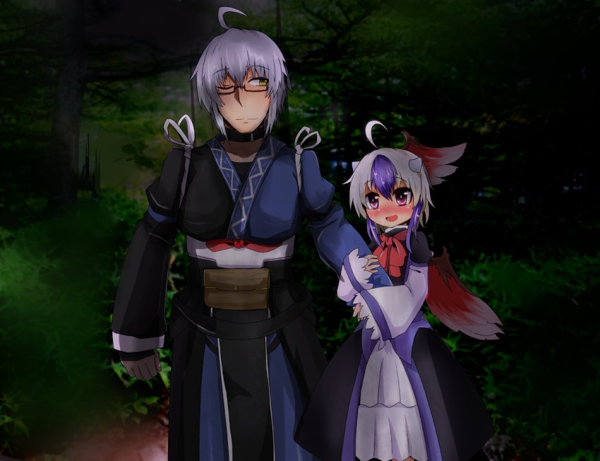 1boy, 1girl, ahoge, arm_grab, blush, dress, glasses, head_wings