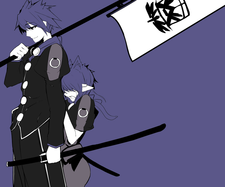 1boy, 1girl, animal_ears, bodysuit, dog_ears, imoni, kyoukaisenjou_no_horizon, pointy_ears, satomi_yoshiyasu, satomi_yoshiyori, sword, tears, weapon