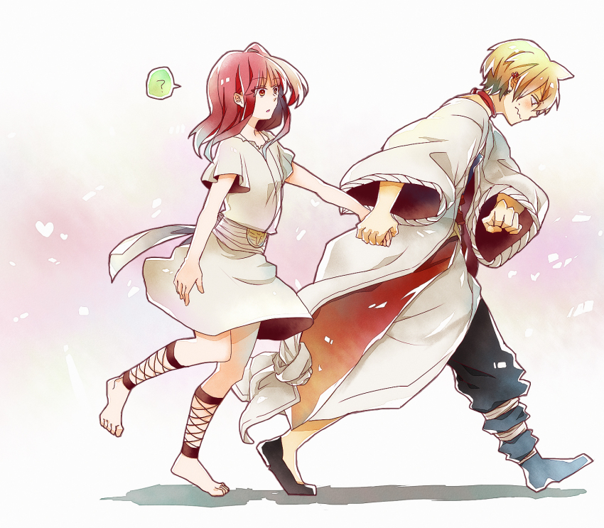 1boy, 1girl, alibaba_saluja, bad_id, bad_pixiv_id, barefoot, blonde_hair, blush