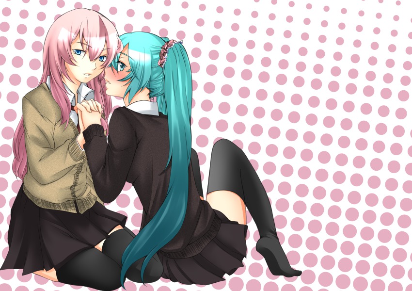 2girls, absurdres, alternate_costume, aqua_eyes, aqua_hair, black_legwear, black_skirt, blue_eyes