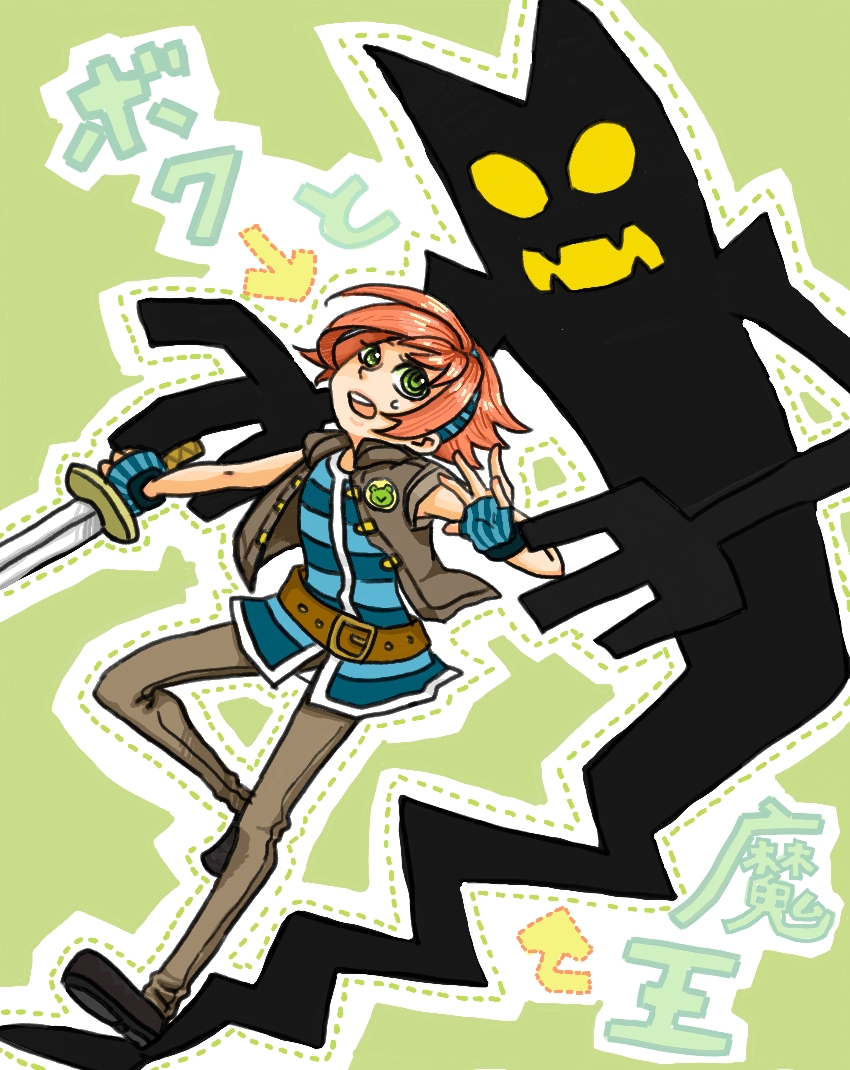 2boys, belt, boku_to_maou, brown_hair, fingerless_gloves, gloves, green_eyes, hairband