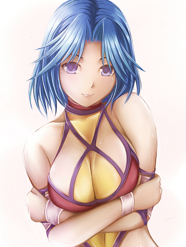 1girl, blue_eyes, blue_hair, breasts, female_focus, halterneck, leotard, matching_hair/eyes, nannacy7, ogawa_hikaru, short_hair, smile, solo, sweat, wrestle_angels, wrestle_angels_survivor, wrestler, wrestling_outfit