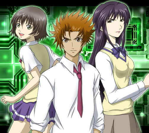 00s, 1boy, 2girls, bow, brown_eyes, brown_hair, dark_skin, green_eyes