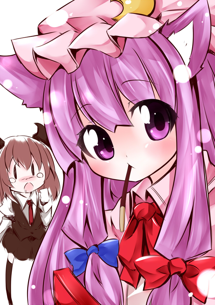 2girls, animal_ears, black_legwear, blush, bow, cat_ears, cat_girl, eating