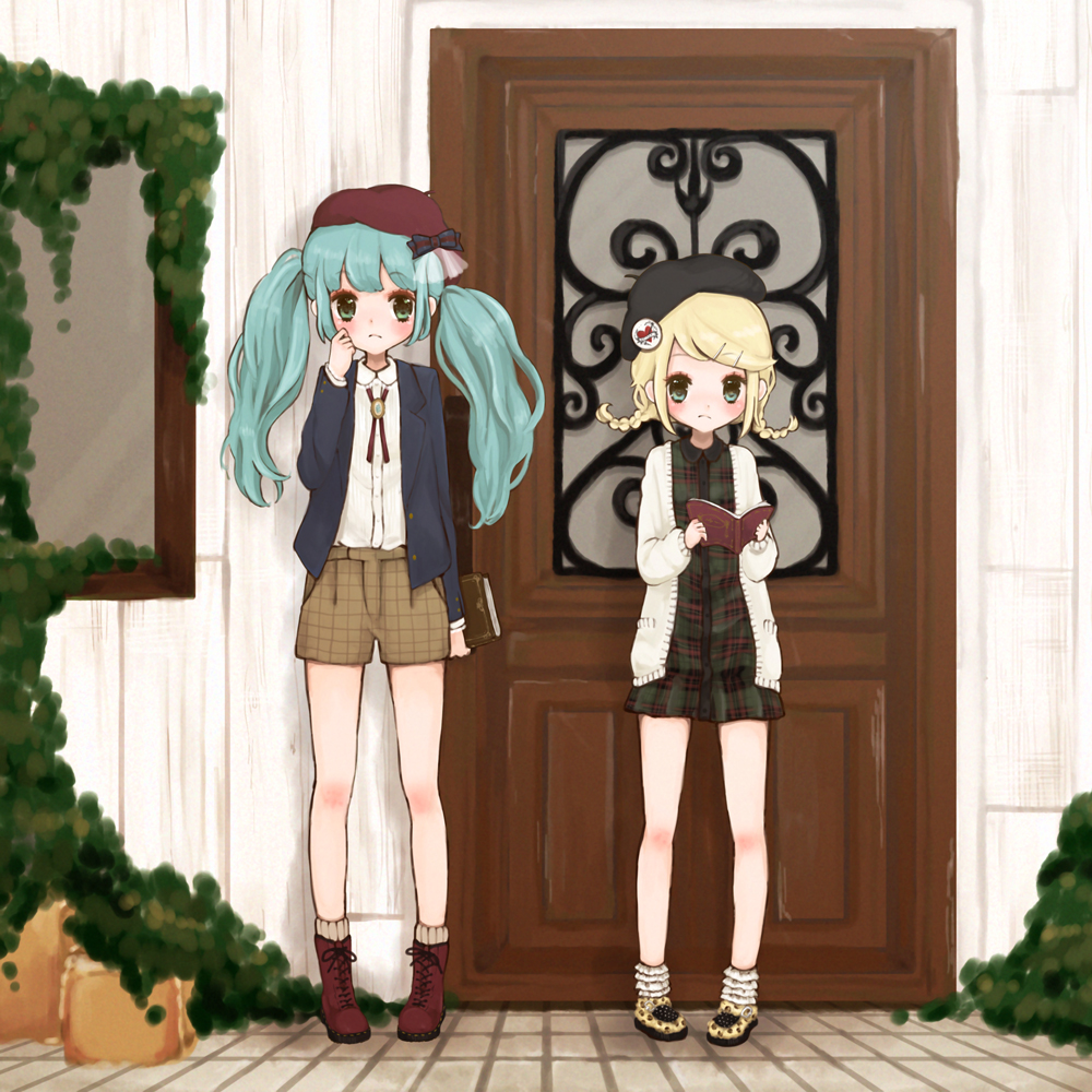 2girls, aqua_hair, bad_id, bad_pixiv_id, blonde_hair, book, boots, door