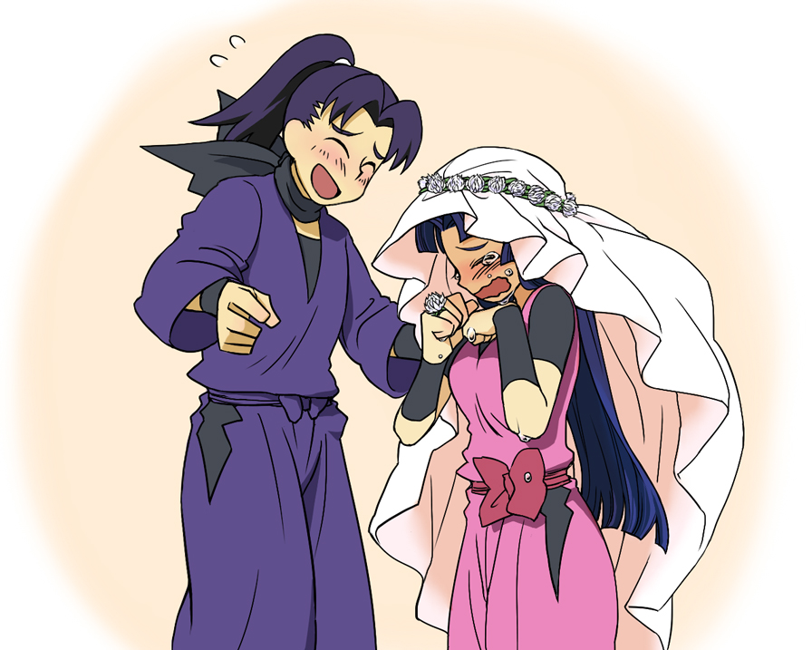 1boy, 1girl, blue_hair, blush, bridal_veil, couple, hetero, iturou