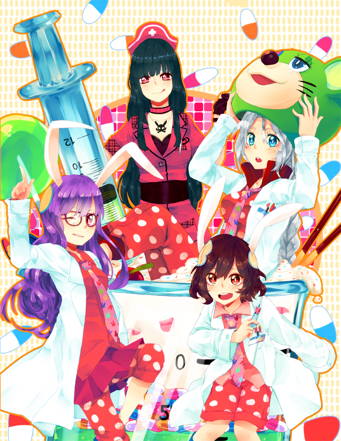 4girls, :d, :o, :q, animal_ears, arm_up, bespectacled, black_hair, blush, braid, brown_hair, candy, cosplay, female_focus, food, glasses, hat, houraisan_kaguya, inaba_tewi, irabu_ichirou, irabu_ichirou_(cosplay), kuuchuu_buranko, lab_coat, leg_up, lollipop, long_hair, mask, mayumi_(trapeze), mayumi_(trapeze)_(cosplay), multiple_girls, necktie, nurse, nurse_cap, open_mouth, outline, oversized_object, pill, pocky, polka_dot, purple_hair, rabbit_ears, red_eyes, red_shirt, reisen_udongein_inaba, shirt, shiu_(pika), short_hair, shorts, silver_hair, single_braid, smile, syringe, tongue, tongue_out, touhou, yagokoro_eirin