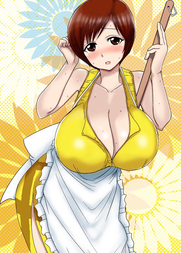 1girl, bare_shoulders, blush, breasts, brown_eyes, brown_hair, cleavage, female_focus