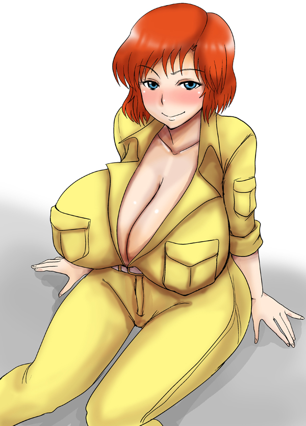 1girl, april_o'neil, blue_eyes, blush, breasts, brown_hair, cleavage, female_focus, huge_breasts, kaneda_(aqid), looking_at_viewer, seductive_smile, short_hair, sitting, smile, teenage_mutant_ninja_turtles