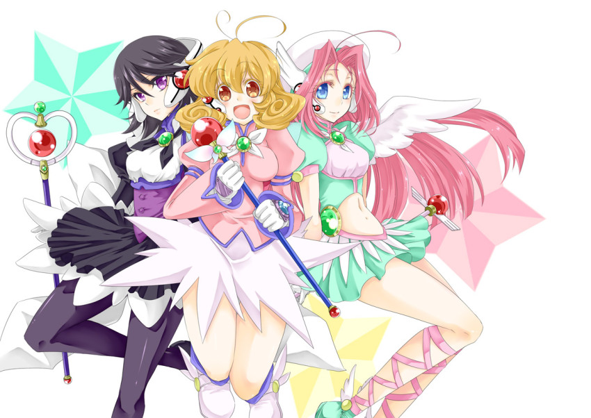 1990s_(style), 3girls, black_hair, black_legwear, blue_eyes, brown_eyes, brown_hair, colored_eyelashes