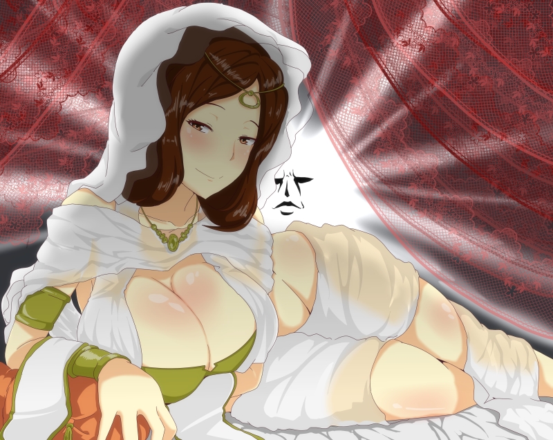 1girl, blush, breasts, brown_eyes, brown_hair, cleavage, dark_souls_(series), dark_souls_i, female_focus, fromsoftware, huge_breasts, i_b_b_e, jewelry, lots_of_jewelry, lying, necklace, on_side, queen_of_sunlight_gwynevere, smile, solo