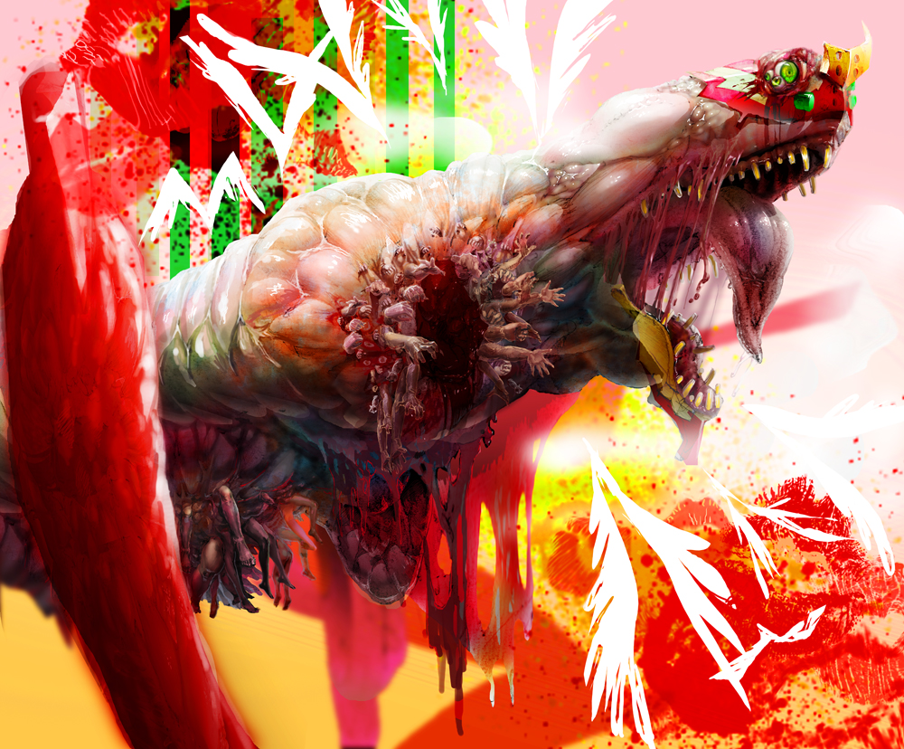 blood, eva_02, extra_arms, extra_eyes, green_eyes, guro, mecha, monster, multi_leg, multi_limb, multiple_legs, neon_genesis_evangelion, no_humans, open_mouth, rebuild_of_evangelion, robot, suikei, tongue