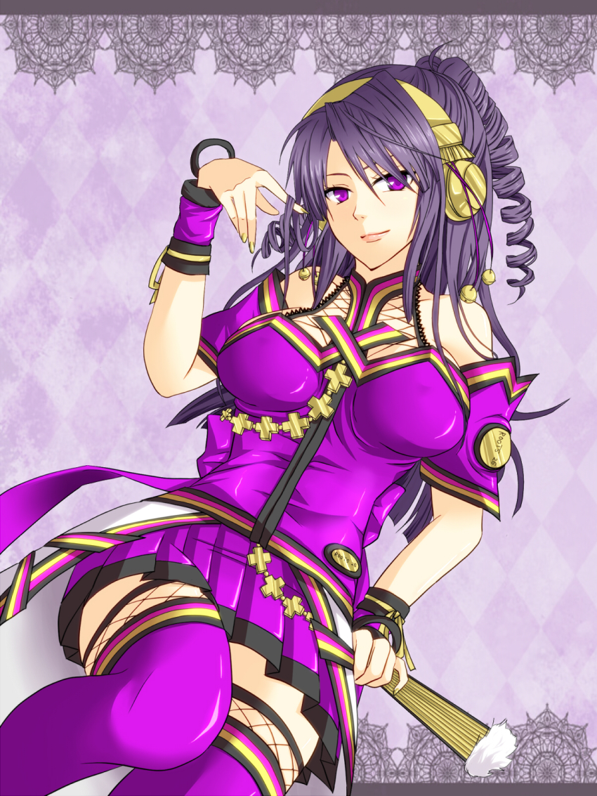 1girl, bare_shoulders, beatmania_iidx, beatmania_iidx_14_gold, bell, bemani, black_hair, drill_hair