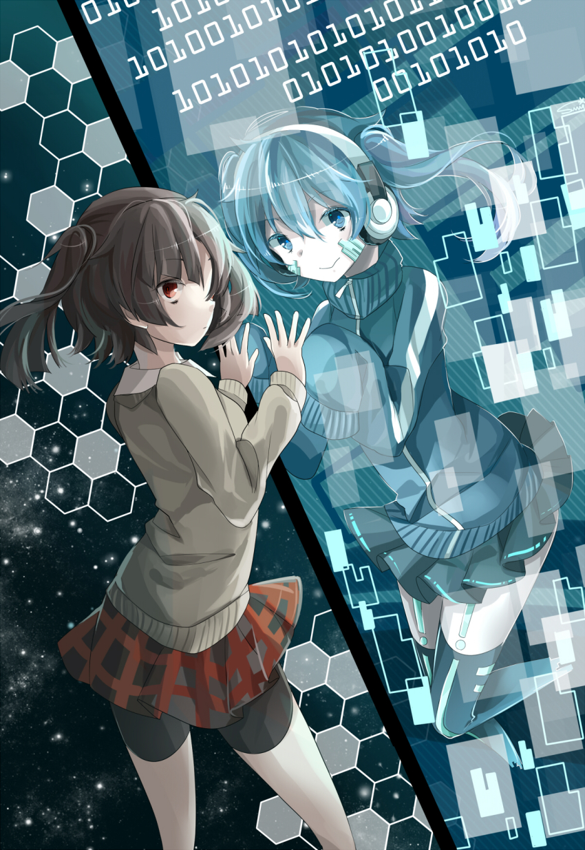 2girls, against_glass, blue_eyes, blue_hair, collared_jacket, cropped_legs, dual_persona, ene_(kagerou_project)