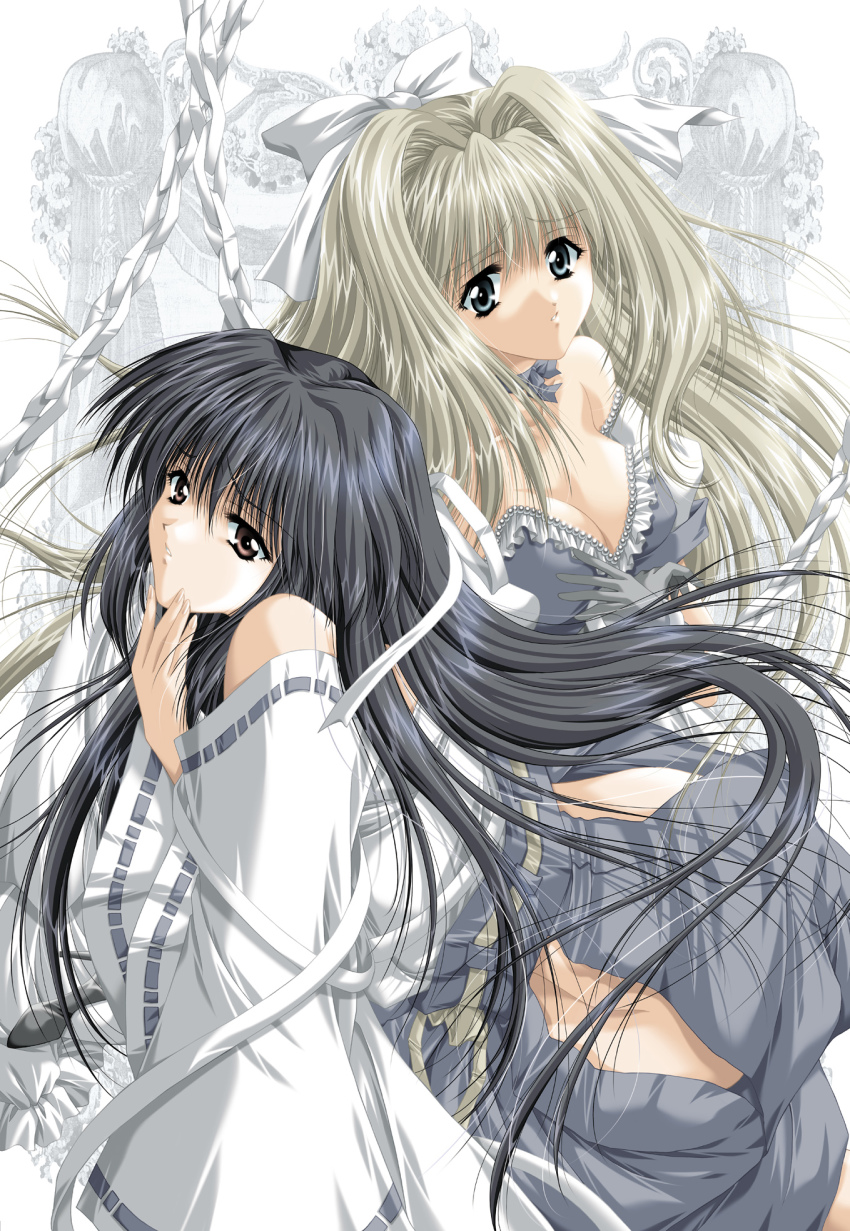 2girls, akira_(usausa), blood_royal, blue_eyes, blue_hair, breasts, brown_eyes, carnelian