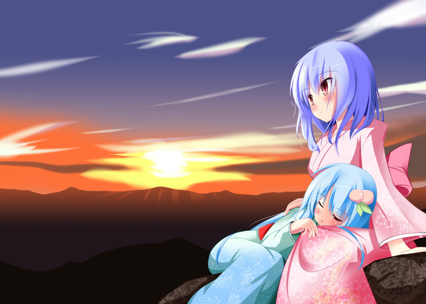 2girls, bad_id, bad_pixiv_id, blue_hair, blush, closed_eyes, female_focus, food